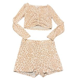 Colsie Womens Leopard Print Lounge Set Tan White Crop Cardigan Shorts Medium